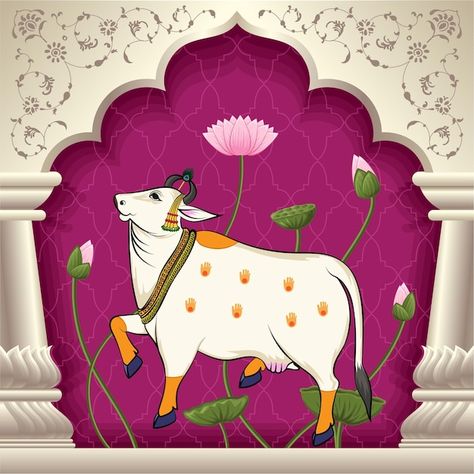 Krishna With Cow Madhubani Paintings, Traditional Mural Painting, Krishna And Cow Paintings, Traditional Motifs Design Indian, Cow Art Painting, Indian Cow Painting, Kamdhenu Cow Painting, Indian Traditional Background, Madhubani Wall Painting