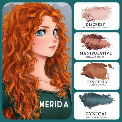 #merida inspired #eyemakeup #satin light coral pink (discreet), paired with #metallic copper (manipulative) and #matte caramel (gingerly) and teal green (cynical). Build your own quad at www.taniaslashes.com. #princess #cartoon #brave #younique #pressedeyeshadow #compacteyeshadow #taniaslashes Disney Makeup Bag, Younique Eyeshadow, Disney Inspired Makeup, Merida Disney, Make Carnaval, Diy Mascara, Younique Beauty, Eyeshadow For Blue Eyes, Younique Presenter