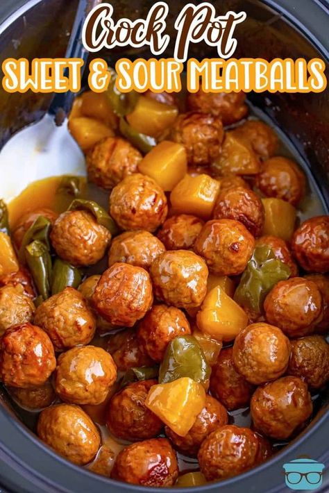 Crock Pot Sweet and Sour Meatballs are a delicious and easy recipe! Meatballs, pineapple and peppers are all coated in a homemade sweet and sour sauce! Chinese Meatball Recipes, Crockpot Meatballs Sweet Chili Sauce, Slow Cooker Sweet And Sour Meatballs With Pineapple, Freezer Sweet And Sour Meatballs, Sweet And Sour Meatballs Freezer Meal, Hawian Meatballs Crockpot, Meatballs With Pineapple And Peppers, Meatballs Crockpot Sweet And Sour, Sweet And Sour Meatballs Crockpot Frozen