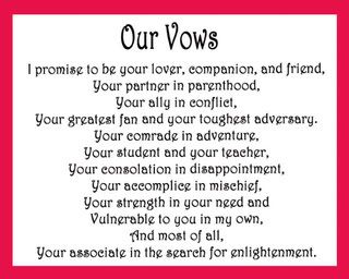 I absolutely love these vows! I promise to be your lover, companion and friend, Your partner in parenthood, Your ally in conflict, Your greatest fan and your toughest adversary. Your comrade in adventure, Your student and your teacher, Your consolation in disappointment, Your accomplice in mischief. This is my sacred vow to you, my equal in all things http://wedding.theknot.com/wedding-planning/wedding-ceremony/articles/favorite-wedding-vows-from-real-weddings.aspx#ixzz2ffUx1RoV Satanic Wedding Ceremony, Skull Quote, Vow Renewal, Wedding Vows, I Promise, Beautiful Weddings, Wedding Ceremony, Wedding Planning, Quotes