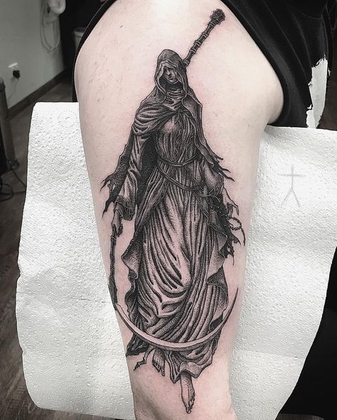 Dark Souls Sister Friede Tattoo, Dark Art Tattoo Ideas Sleeve, Dark Souls 3 Tattoo, Daredevil Tattoo, Sister Friede, Bloodborne Tattoo, Forever Drawing, Dark Souls Tattoo, Soul Tattoo