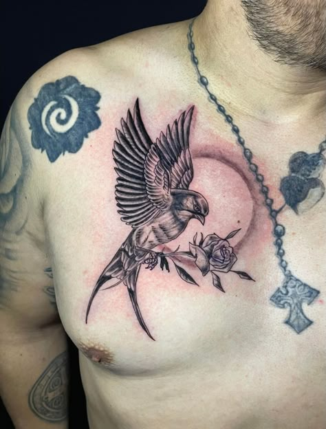 Bird Chest Tattoo Men, Bird Rose Tattoo, Ember Tattoo, Bird Chest Tattoo, Red Tattoo Designs, Rose Tattoo Men, Swallow Tattoo Design, Animal Sleeve Tattoo, Tatted Men