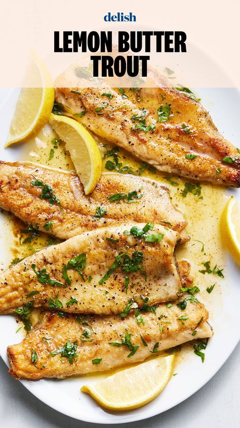 ...or trout meunière, if you're fancy. Spotted Sea Trout Recipes, Pan Seared Trout Recipes, Trout Filets Recipes, Sea Trout Recipe, Trout Almondine Recipe, Trout Marinade, Trout Recipes Baked, Lake Trout Recipes, Trout Dinner