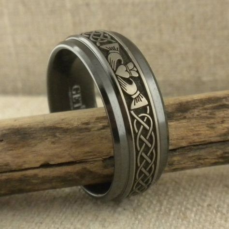 Claddagh and Celtic Knot Wedding Ring in Black Zirconium | Etsy Mens Celtic Wedding Bands, Celtic Knot Wedding Ring, Knot Wedding Ring, Mens Claddagh Ring, Celtic Knot Wedding, Claddagh Ring Wedding, Irish Wedding Rings, Celtic Wedding Bands, Celtic Tattoo