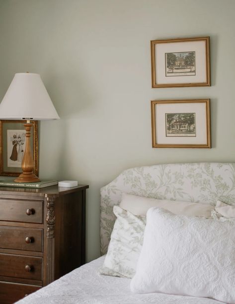 Green Paint Master Bed, Green Wall Colors Bedroom, Bedroom With Light Green Walls, Hollingsworth Green Benjamin Moore, Green Country Bedroom, Benjamin Moore Hollingsworth Green, Light Green Bedroom Walls, Light Green Room, Hollingsworth Green