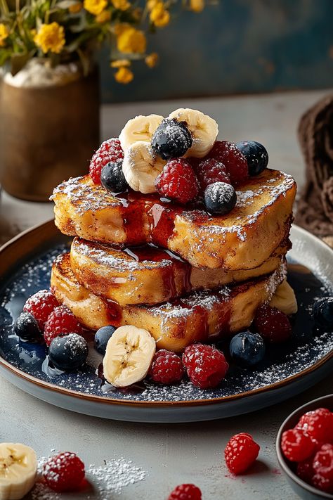 Banana Berry French Toast Gourmet Breakfast Ideas Brunch, American Breakfast Aesthetic, French Toast Aesthetic, French Toast With Strawberries, Breakfast Images, Toast Aesthetic, Berry French Toast, Perfect French Toast, Restaurant Breakfast