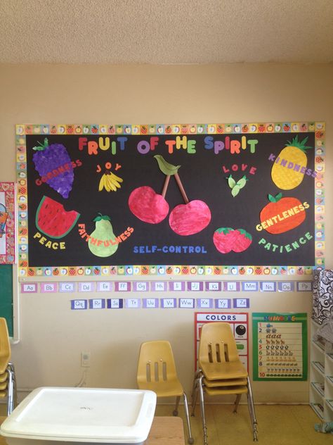 Fruit of the spirit bulletin board Fruits Board Decoration, Fruits Bulletin Board Ideas, Fruits Of The Spirit Classroom Decor, Fruits Classroom Decoration, Fruits Of The Spirit Decor, Fruit Of The Spirit Vbs Decorations, Fruit Bulletin Board Ideas, Fruit Classroom Decor, Fruit Of The Spirit Bulletin Board Ideas