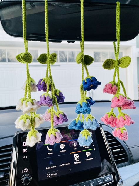 Crochet Lily of the Valley Car Hanging Plant. A unique and charming gift for Crochet Mothers Day Gifts, Crochet Car Mirror Hanging, Car Hanging Plant, Crochet Car Charm, Crochet Lily Of The Valley, Crochet Car Accessories, Crochet Charms, Crochet Lily, Confection Au Crochet