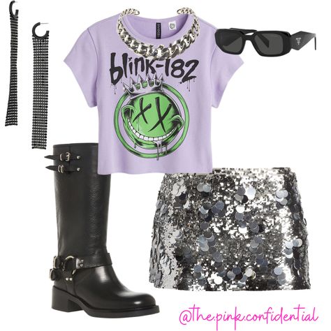 Blink 182 Outfit, Blink Concert, Blink 182 Concert, Coachella Fits, Silver Sequin Skirt, Concert Vibes, Black Moto Boots, New York Summer, Coachella Valley Music And Arts Festival