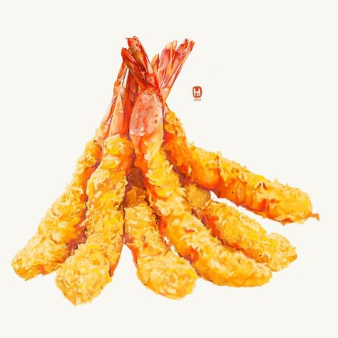 Ebi tempura drawn on procreate Tempura Illustration, Ebi Tempura, Tempura, Food Illustrations, Bacon, Nutrition, Illustrations, Instagram, Art