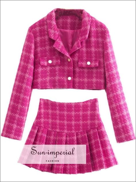 Bottom Skirts for Women – Sun-Imperial Cinnamon Rodriguez, Pink Plaid Skirt Outfit, Barbiecore Fashion, Two Piece Outfits Skirt, Barbiecore Outfit, Hot Pink Outfit, Pink Plaid Skirt, Plaid Skirt Set, Imperial Fashion