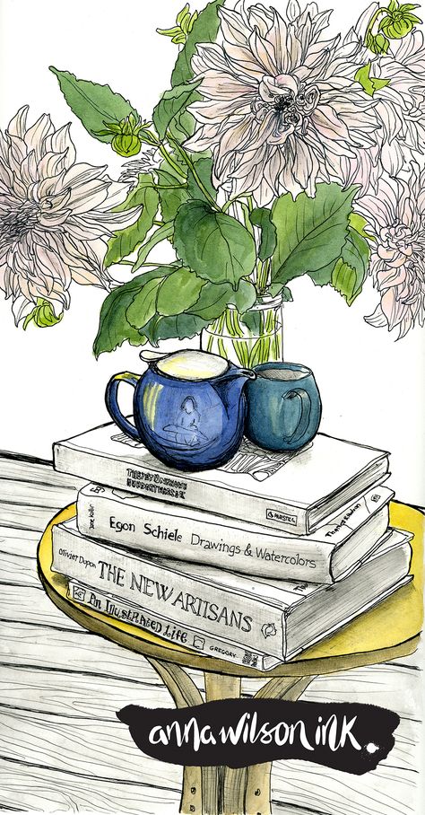 Themes To Draw, Anna Wilson, Watercolour Sketches, Ink Pen Art, Architecture Drawing Sketchbooks, 그림 낙서, Pen Illustration, Watercolor Books, Tea And Books