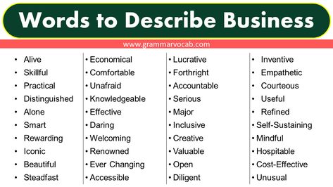 Words to Describe Business: Business is a dynamic and complex concept that encompasses a wide range of activities related to the production, distribution, and exchange of goods and services. It can be described as a structured and purposeful activity that involves the use of resources to achieve specific goals and objectives. In essence, a business … Words to Describe Business Read More » Business Words, Self Sustaining, Sole Proprietorship, Effective Leadership, Specific Goals, Goals And Objectives, Words To Describe, Strong Relationship, Strategic Planning