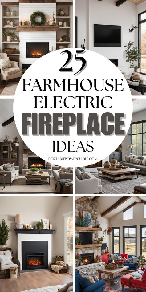 Farmhouse Electric Fireplace Decor Ideas Mantel With Electric Fireplace Diy, Farmhouse Chic Mantle Decor, Vintage Fireplace Hearth, Living Room Design With Electric Fireplace, Fireplace Mantel Styles, Modern Farmhouse Fireplace With Tv Shiplap, Electric Fireplace With Tv And Built Ins, Fireplace Top Decor, Electric Fireplace With Mantle Shiplap