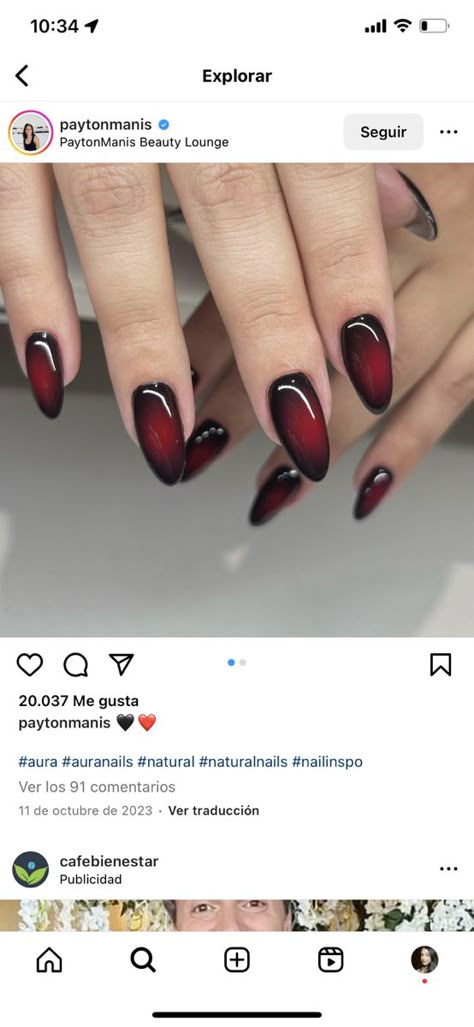 Red Almond Nails Halloween, Maroon Cat Eye Nails, Burgundy Halloween Nails, Cat Woman Nails, Black Cateye Nails, Natural Almond Nails, Red Black Nails, Vampire Nails, Spooky Nails