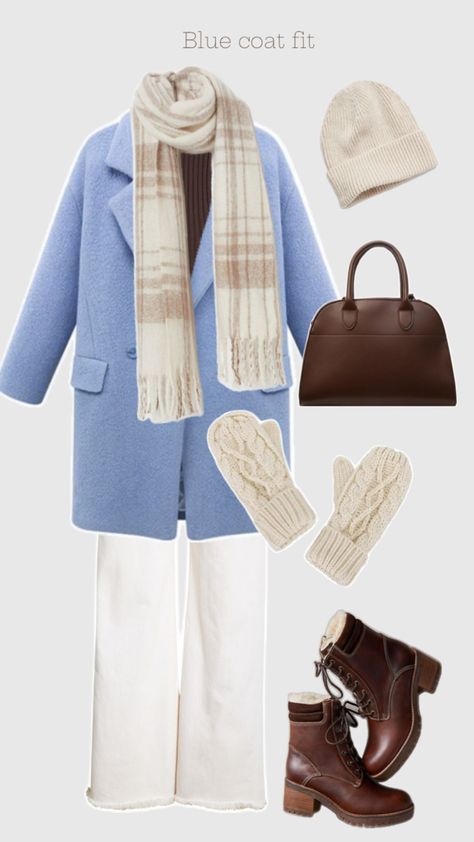 Blue coat fashion, coat outfit inspo, winter outfit inspo Light Blue Fall Outfits, Blue Coat Street Style, Light Blue Coat Outfit, Wool Jacket Outfit, Blue Coat Outfit, White Coat Outfit, Wool Coat Outfit, Light Blue Coat, Blue Winter Coat