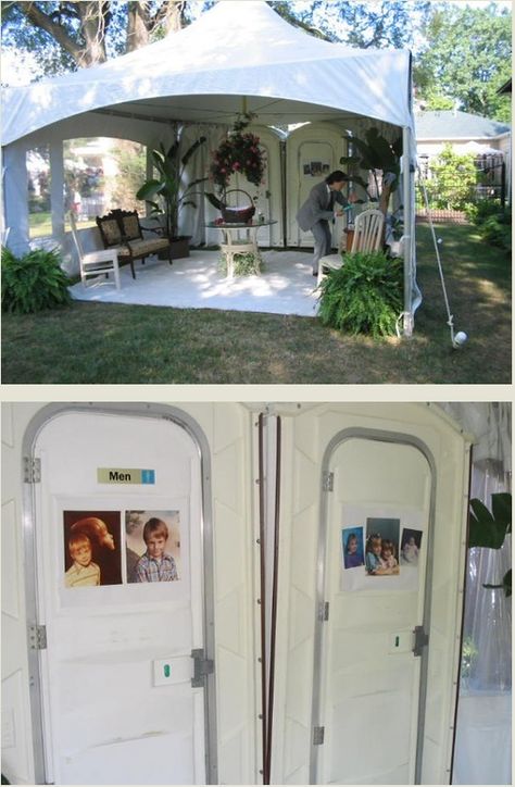 classy porta potties Outhouse Wedding Decor, Portaloo Wedding Ideas, 1000 Dollar Wedding, Outdoor Wedding Bathroom Ideas, Portapotty Ideas, Wedding Porta Potty, Porta Potty Wedding, Porta Potty Ideas, Porta Potty