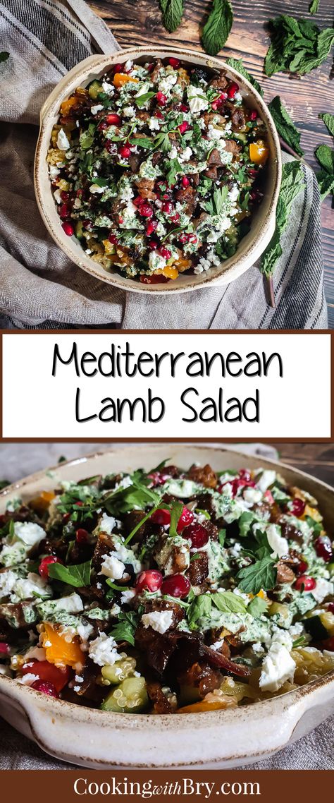 My Mediterranean lamb salad is as flavoursome as it is colourful. Bursting with flavours of the Mediterranean, with caramelised onions, minty yoghurt dressing, and salty feta bringing all these gorgeous flavours together for a wonderfully bright and delicious salad perfect for spring and summer. If you need a new salad recipe for summer, this gorgeous lamb salad has everything you need. #dinner #salad #recipe #recipes Pasta Salad Recipes Italian, Good Salad Recipes, Salad Recipes Italian, Salad Recipes Pasta, Salad Recipes Summer, Recipes Pasta Salad, Recipes Strawberries, Mediterranean Lamb, Lamb Salad