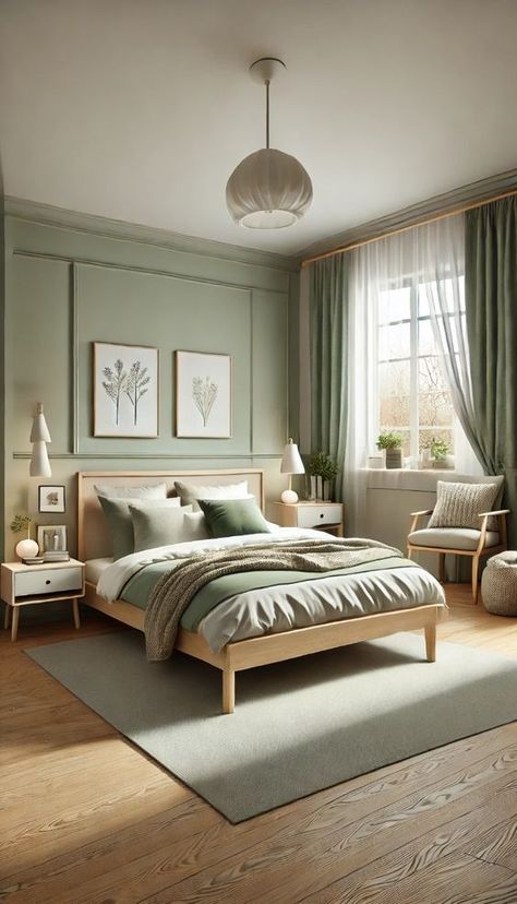 Elevate your bedroom decor with these elegant sage green ideas. Perfect for a chic and calming space!
---
A cozy sage green bedroom with a Scandinavian-inspired design. The room features a light sage green wall behind a bed with a light wood frame and white bedding. The bed is adorned with sage green and soft grey pillows. Two wooden floating nightstands with simple white lamps flank the bed. The floor is covered with a light grey area rug, and there is a small reading nook with a comfortable chair and a knitted throw blanket in the corner. A large window with white sheer curtains lets in natural light, creating a warm and inviting atmosphere. The room is minimally decorated, with a few black-and-white prints on the walls and a potted plant on the windowsill. Light Green Feature Wall Bedroom, Small Bedroom Ideas With Window Behind Bed, Green Curtains Grey Walls, Grey And Sage Green Bedroom Ideas, Green White Curtains, Sage And Walnut Bedroom, Sage Green Bedroom Modern, Art Behind Bed Wall, Minimalist Bedroom With Green