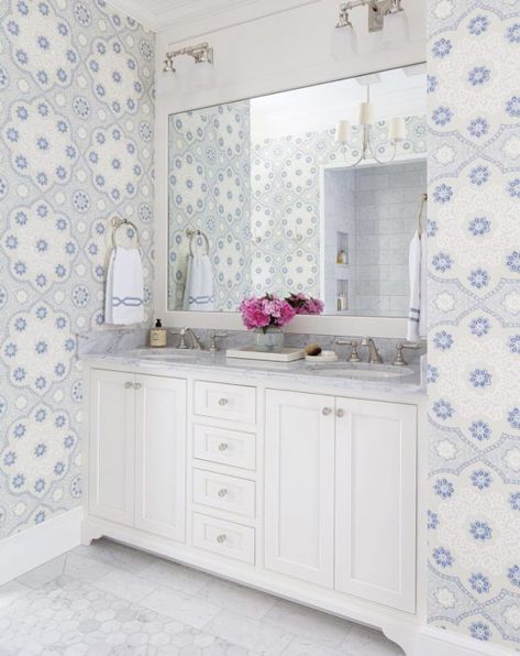 Blue And White Wallpaper, Powder Room Wallpaper, Girls Bathroom, Powder Bath, Powder Rooms, Bathroom Wallpaper, Kids Bath, Bathroom Inspo, Bathroom Reno