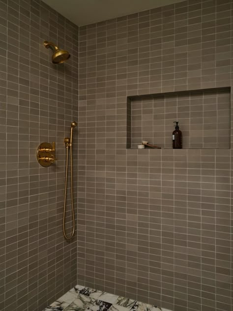 Sage Green Shower Tile, Shower With Gold Fixtures, Yond Interiors, Stacked Tile, Gold Fixtures, Black And White Tiles, Modern Shower, Green Tile, Bathroom Inspo