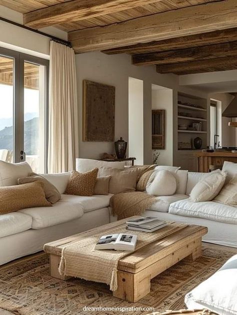 Textured Pillows, White Couch, White Couches, Studio Apartment Decorating, Wood Coffee Table, Dream House Interior, Lounge Room, Front Room, Soft White