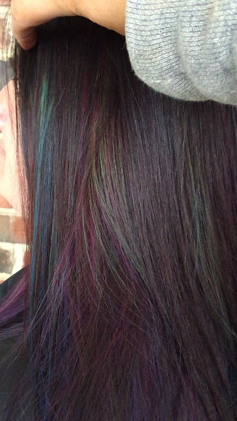 Oil slick hair by Nicole Totorello at beyond the fringe in Hillsborough nj Fluffy Hairstyles, Oil Slick Hair, Slick Hair, Candy Clouds, Cotton Candy Clouds, Oil Slick, Hair Color And Cut, The Fringe, Rainbow Hair