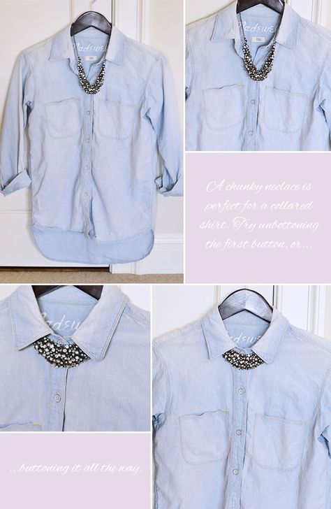 It’s easiest to pair a collared shirt with a clustered or bulky necklace. You can button the shirt all the way so the necklace peaks out, or unbutton the first button and let the necklace drape right at the neckline. Necklace Over Shirt, Shirt With Necklace Outfit, Cloud Clothes, Neckline Necklace Guide, Big Girl Job, Advice Column, Big Girl Clothes, Twenty Something, Stand Collar Shirt