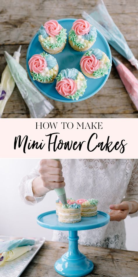 How to Make Mini Flower Cakes | DIY cake tutorials | mini cake tutorial | cake and icing tutorial | flower themed mini cakes | cake tutorial | fun cake recipes | spring cake recipes || JennyCookies.com #recipe #cakes #minicakes #flowercakes #caketutorial #cakedecorating #minicaketutorial #jennycookies Mini Cakes Tutorial, Spring Cakes Recipes, Cupcakes Flores, French Vanilla Cake, Cake Decorating Flowers, Jenny Cookies, Diy Wedding Cake, Cupcake Images, Spring Cake