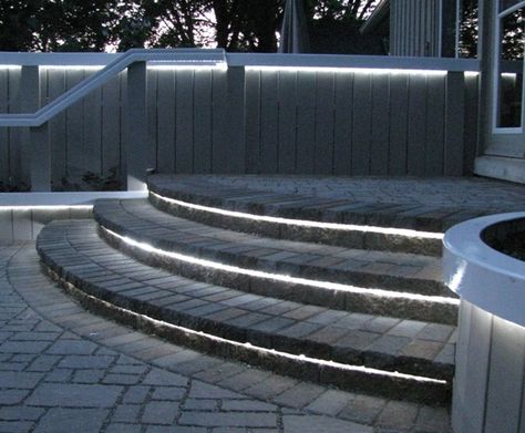 steps rope lighting Patio Step, Landscape Pathway, Paver Steps, Rope Lighting, Landscape Stairs, Gathering Ideas, Outdoor Lighting Ideas, Best Outdoor Lighting, Diy Outdoor Lighting