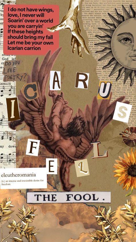 icarus fell #icarus #icarusfalls #icarusandthesun #icarusstillflew #yellow #yellowaesthetic #sun #clouds Icarus Poetry, Icarus Aesthetic, Icarus Drawing, Flight Of Icarus, Daedalus And Icarus, Icarus Fell, Random Wallpaper, Art Collages, Sun Clouds