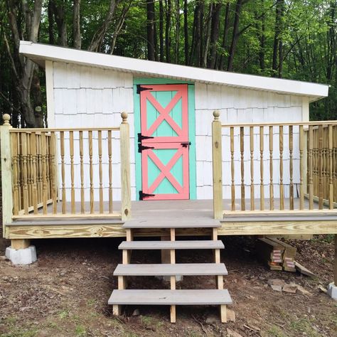 Shed Turned Playhouse, Kids Shed, Tent Hacks, Shed Playhouse, Playhouse Makeover, Honeycomb Tile, Diy Playhouse, Lean To Shed, Using A Paint Sprayer