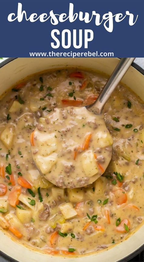 Indulge in the ultimate comfort food with this savory cheeseburger soup delight. Perfect for chilly evenings, this hearty soup combines all the flavors of a classic cheeseburger into a warm, creamy bowl of goodness. Packed with seasoned ground beef, melted cheese, and a medley of vegetables, each spoonful is a delightful blend of rich and satisfying tastes. Easy to make and loved by all ages, this soup is sure to become a family favorite. Cozy up and enjoy a delicious twist on a beloved classic. Ground Beef Potato Soup, Beef Potato Soup, Soup Ground Beef, The Best Cheeseburger, Dinner Soup Recipes, Ground Beef Potatoes, Beef Potatoes, Cheese Burger Soup Recipes, Healthy Ground Beef