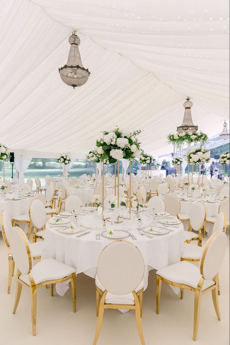 English Marquee Wedding, White Gold Colour Palette, Marquee Wedding Decor, Wedding Reception Alternatives, Marquee Wedding Decoration, Wedding Dinner Table Setting, Gold Colour Palette, House Castle, Wedding Marquee