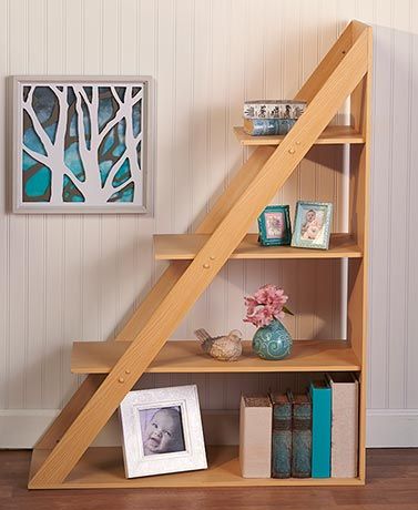 Triangle Shelf Decor, A Frame Shelves, Creative Bookshelves Diy, Triangle Furniture, Room With Slanted Ceiling, Triangle Wall Shelf, Triangle Bookshelf, Diy Bookshelf Design, Triangle Shelves