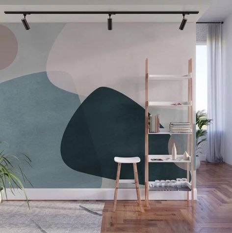 Navy Blue Walls, Geometric Mountain, Teal Walls, Mid Century Modern Walls, Removable Wall Murals, Minimalist Painting, Blue Walls, Green Wall, Wall Paint