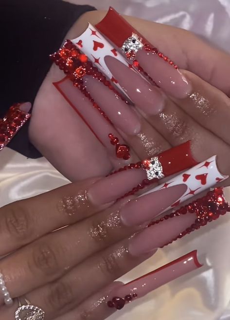 Birthday Nails Red And Gold, Xl Long Acrylic Nails Christmas, Red And White Birthday Nails, Red Bling Acrylic Nails, Bling Red Nails, Nail Inspo Coffin Long, Baddie Nail Sets, Bling Valentines Nails, Pink Nails Extra