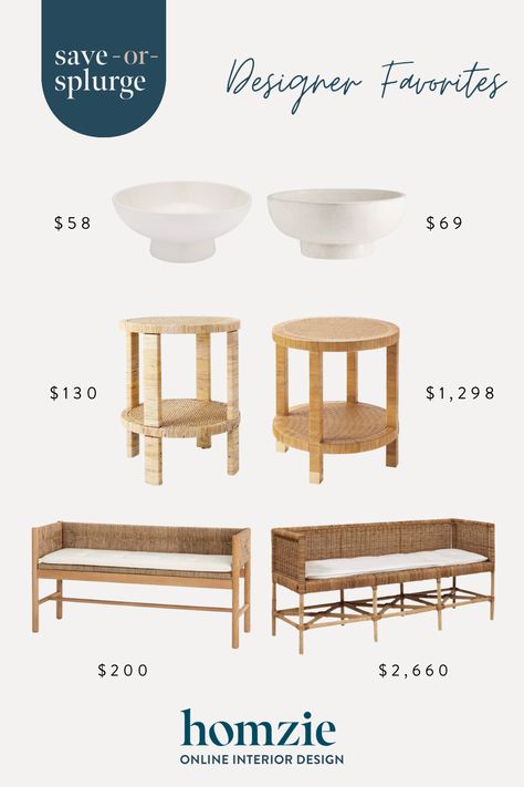 Home decor dupes, save or splurge home decor, pottery barn dupe, white bowl, Serena and lily dupe, woven side table, woven accent table, Serena & lily, designer dupe, woven bench, bed bench, bench, McGee & co, McGee and co dupe Homzie Designs, Future Apartment Ideas, Woven Bench, Save Or Splurge, Newport House, Bench Bed, Mcgee And Co, Decor Pottery, Serena Lily