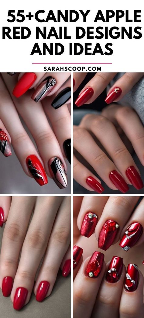 Sizzle Up Your Style with Candy Apple Red Nails! 🍎 #nailinspo #naildesigns #applered Multi Red Nails, Fancy Red Nails Classy, Candy Apple Nails Red, Candy Red Nails, Candy Apple Nails, Candy Apple Red Nails, Apple Red Nails, Apple Nail Art, Silver Nail Designs