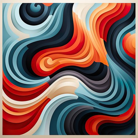 "🎨 \"Harmony in Motion\" Abstract Digital Art Print  Immerse yourself in the mesmerizing world of abstract art with \"Harmony in Motion,\" a digital composition that transcends boundaries and captivates the imagination. 🌀 In this striking Op Art creation, light blue, orange, gold, black, and grey colors converge to form a dynamic and harmonious interplay of lines. The meticulously crafted design dances before your eyes, inviting you to explore its intricate patterns and visual rhythms." Waves Pattern Design, Abstract Motifs Design, Harmony Art Design, Rhythm In Art, Elements Of Design Color, Rhythm Composition, Harmony In Design, Digital Composition, Movement Pattern