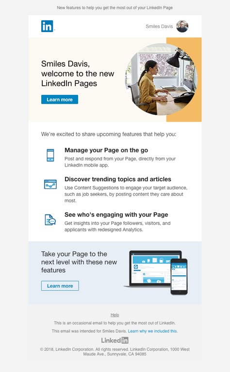 Smiles Davis, introducing your new LinkedIn Pages experience | Really Good Emails Email Marketing Design Layout, One Pager Design, Marketing Template Design, Email Marketing Template Design, Emailer Design, Edm Ideas, Horace Mann, Email Header, Newsletter Design Templates