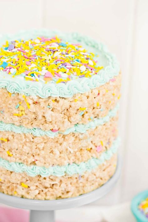 Spring Rice Krispy Treat Cake - Sprinkles For Breakfast Rice Krispie Treats Cake, Rice Crispy Cake, Rice Krispie Cakes, Cake Sprinkles, Krispie Treats Recipe, Krispy Treats, Shower Desserts, Baby Shower Desserts, Rice Krispy