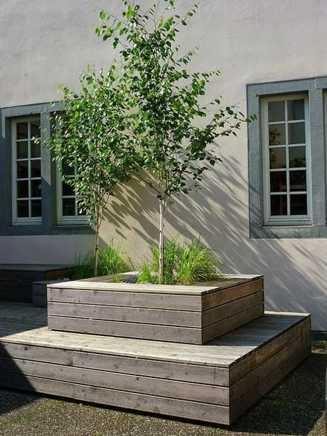 THIS IS IT. This what I pictured. Raised bed for tree, Garden Idea. Backyard Sitting Areas, Garden Bench Diy, Planter Bench, Garden Seating Area, Tree Bench, Garden Seating, Raised Bed, Garden Trees, Garden Bench