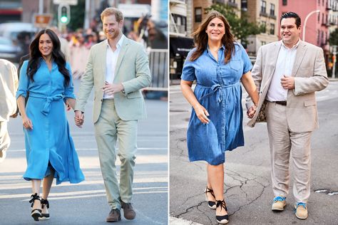 Influencer Katie Sturino Recreates Meghan Markle's Best South African Tour Looks Katie Sturino, Fashion Office, Chambray Blazer, Chambray Jacket, Katie Meme, Sky Blue Dress, Kate Movie 2021, Trench Dress, Lace Up Espadrilles