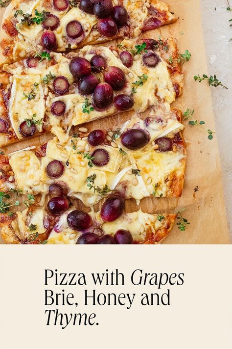 Pizza with Grapes, Brie, Honey and Thyme | This Little Plate. Pizza With Grapes, Grape Pizza, Honey Pizza, Quince Paste, Naan Pizza, Pasta Sides, Brie Cheese, Pizza Bake, How To Make Pizza