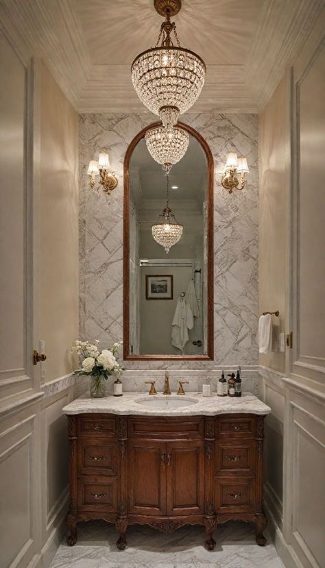 Bathroom Interior Design Classic, Bathroom Interior Classic, Classic Powder Room Design, Luxury Powder Bathroom, Classic Powder Room Ideas, Classical Bathroom Design, Luxury Bathroom Design Ideas, Classic Bathroom Design Luxury, Elegant Powder Room Ideas