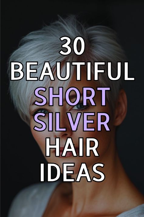 Close-up of a woman with a sleek silver pixie haircut. Silver Hair Over 50, Pixie Cut Highlights, Silver Hair Ideas, Silver Hair Styles, Short Hair Inspiration, Short Silver Hair, Hair Over 50, Silver Strand, Hair Pixie