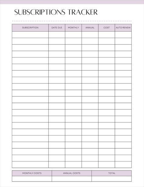 This printable subscriptions tracker is a great tool to keep track of your monthly and annual subscriptions and memberships. This tracker is a great addition to your financial planner! This tracker comes in 8 different colors. You can pick your favorite or use as many as you need to color-coordinate by category. Print and write with US Letter (8.5x11 inch) or fill on your digital tablet with A4 (210 x 297 mm). Subscription Tracker, Digital Tablet, Financial Planner, Keep Track, Digital Planner, Budgeting, Tablet, Track, Log