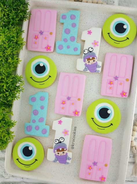 Boo Monsters Inc First Birthday, First Birthday Monsters Inc Theme, Monsters Ink First Birthday, Our Boo Is Turning Two Monsters Inc, Monsters Inc Sugar Cookies, Monsters Inc Girl Birthday Party Ideas, Monsters Inc 1st Birthday Girl, Monsters Inc First Birthday Girl, Monster Inc Party Ideas Decoration