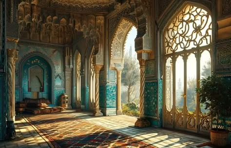 Arab Fantasy City, Arabian Castle Concept Art, Arabian Palace Fantasy Art, Persia Architecture, Arabian Kingdom, Arabian Castle, Arabian Palace, Temple Interior, Middle Eastern Decor